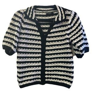 Aqua Pointelle Short Sleeve Button-Up Sweater Black & White Stripe Size S